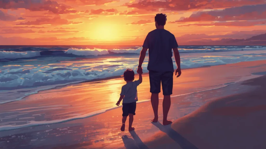 Um imagem de um pai segurando a mão de seu filho enquanto passeiam pela praia.