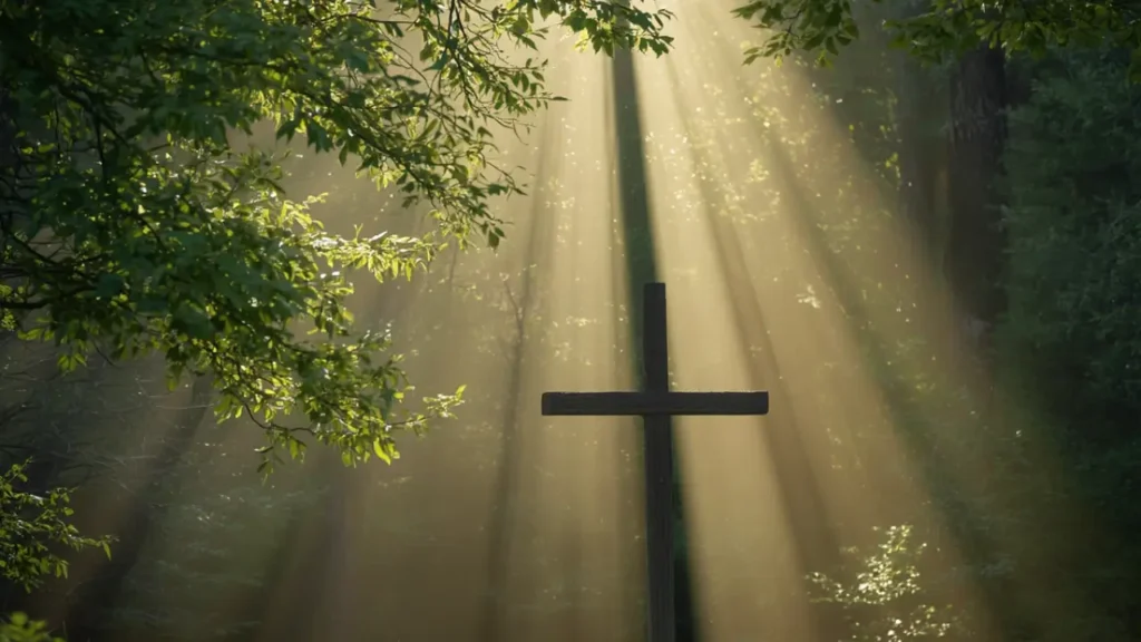 Raios de sol atravessando as árvores, com uma cruz no meio.